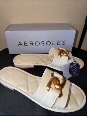 AEROSOLES Cream Slide Sandals with Gold Chain Detail